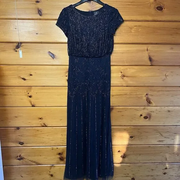 Adrianna Papell Women's Beaded Short-Sleeve Sheer-Overlay Gown Dress Size 8